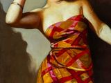 painting of a woman in a red and yellow dress with a fan