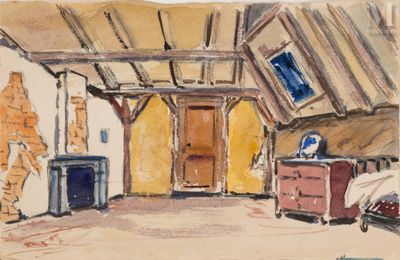 un tableau représentant une chambre avec un lit et une commode