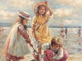 painting of three girls on the beach with buckets and shovels