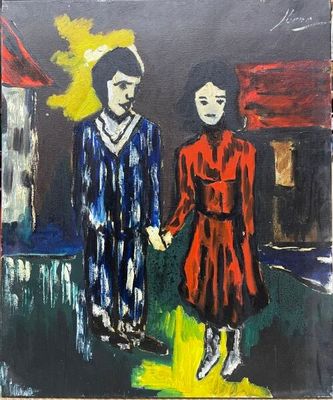 an oil painting of two people walking down a street