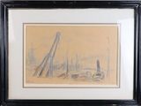 framed drawing of a boat in a harbor with a bridge in the background