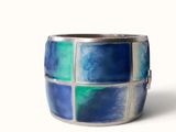 turquoise, green and silver cuff bracelet with squares of blue and green glass