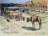 dessin représentant un cheval debout dans un champ, à côté d'un chariot