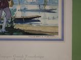 a painting of a man standing next to a boat on the water
