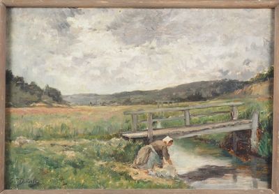 un tableau représentant une femme se lavant les pieds dans un ruisseau