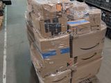 a cart full of boxes in the middle of a store aisle