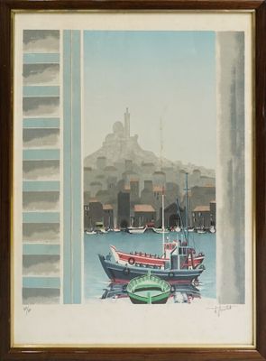 a picture of a painting of a boat in the water