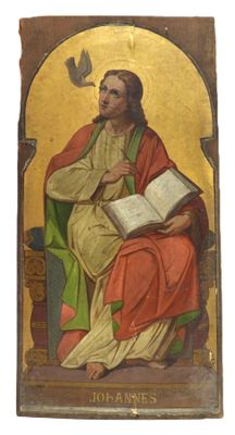 an image of a painting of jesus reading a book with a dove above it