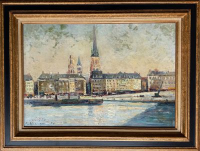 une peinture à l'huile représentant une vue de ville avec le clocher d'une église en arrière-plan