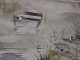 a watercolor painting of a boat in the water