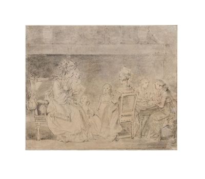 a drawing of a group of people sitting around a table