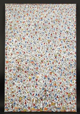 un tableau représentant un champ de fleurs blanches et rouges sur fond noir