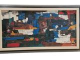 abstract painting of blue, red, yellow, and brown colors