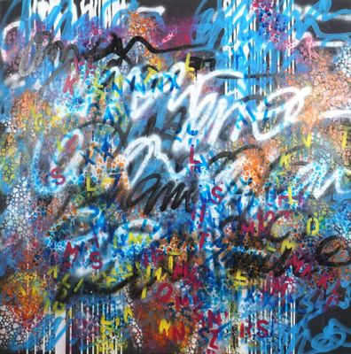 a painting of a bunch of graffiti on a wall near a fire hydrant