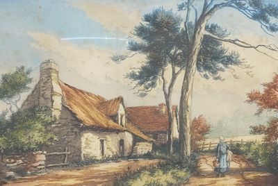 a picture of a painting of a woman walking down the road