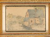 une image représentant un tableau représentant une maison, dans un cadre doré