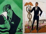 painting of a man in a tuxedo and a painting of a woman in a tuxedo