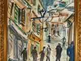 une peinture à l'huile représentant des personnes marchant dans une rue d'une ville