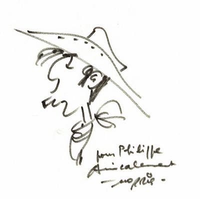 dessin représentant une femme portant un chapeau sur lequel est perché un oiseau
