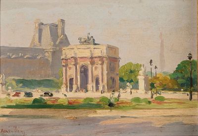 painting of a painting of a building in a park with a fountain in the foreground