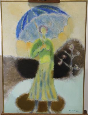 un tableau représentant une femme avec un parapluie, posé sur un chevalet