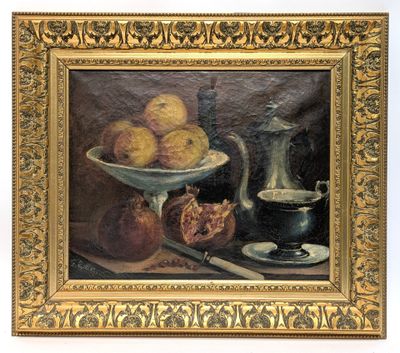 an oil painting of a bowl of fruit and a silver pitcher on a table