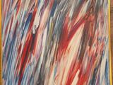 tableau abstrait aux couleurs rouge, blanc et bleu, dans un cadre doré