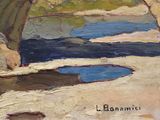 painting of a painting of a river with a bridge in the background
