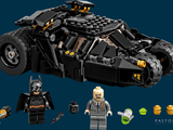 batman ' s batmobile and other legos are shown in a blue background