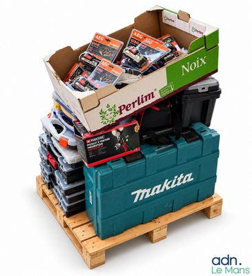 a box of batteries on a pallet with a box of batteries in it