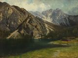 une peinture représentant une scène de montagne avec un lac au premier plan