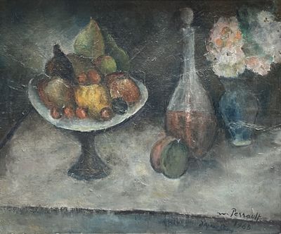 a painting of a bowl of fruit and a bottle of wine on a table