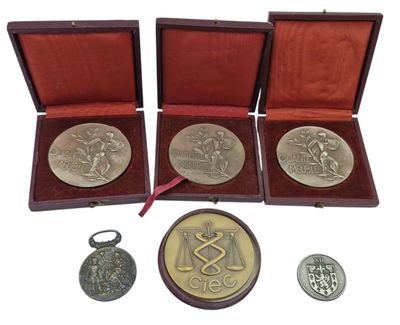 three medals and a keychain are in a wooden case