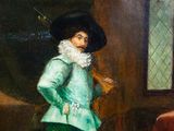 an oil painting of a man in a green suit and hat