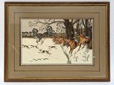 tableau représentant un groupe d'hommes à cheval et des chiens dans la neige