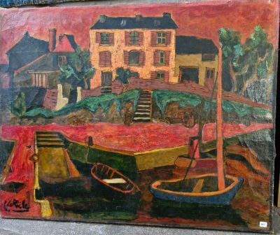 tableau représentant des bateaux devant une maison, avec un ciel rouge
