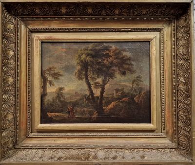 une image représentant un tableau représentant un paysage boisé avec du bétail au premier plan