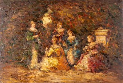 une peinture à l'huile représentant un groupe de personnes assises autour d'un feu