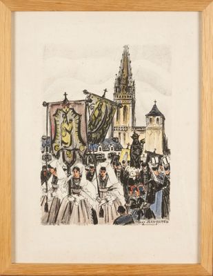an image of a painting of a group of people in front of a church