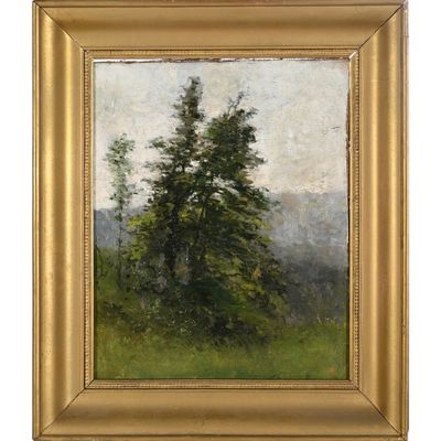 une peinture à l'huile représentant un arbre dans un champ, avec des montagnes en arrière-plan