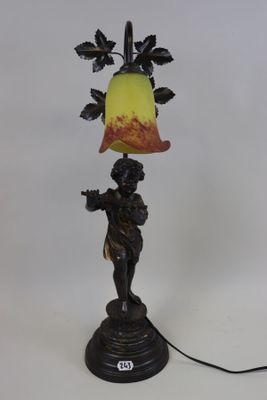 a lamp that is sitting on a table with a lamp shade on it