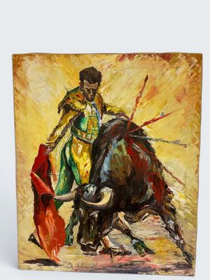 an oil painting of a bull and a man with a red cape