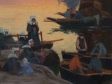 a painting of a group of people sitting on a boat