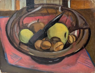 une peinture représentant une coupe de fruits sur une table