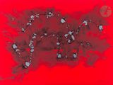 une image représentant un tableau sur fond rouge parsemé de points noirs et blancs