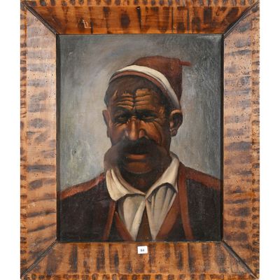 une peinture à l'huile représentant un homme portant un chapeau rouge et une veste marron