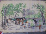 tableau représentant une scène de rue avec un pont et une église en arrière-plan