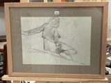 drawing of a woman sitting on the ground in front of a picture