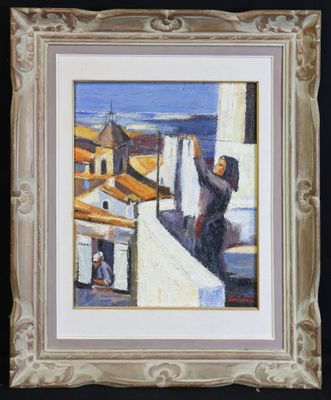 an oil painting of a woman hanging clothes on a clothes line