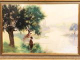 an oil painting of a man fishing on a river with a tree in the foreground